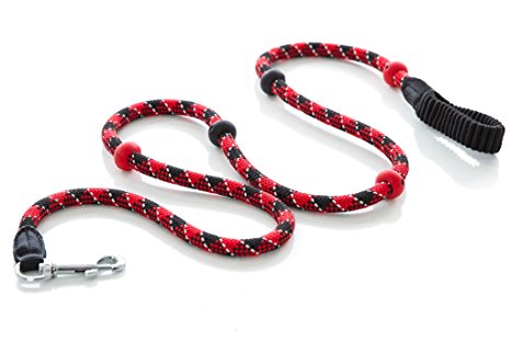 Rope Hand Leash With Stretch Handle for Dogs and Pets - 5' Red & Black Braided Polyester with Bonus Poop Bag Dispenser - by WPS