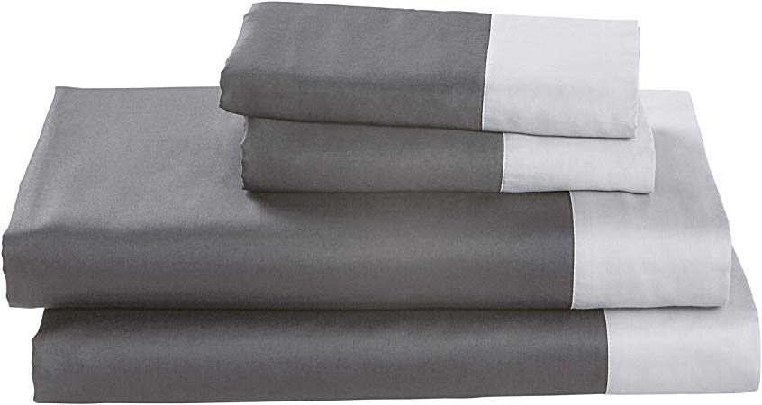 Rivet Color Block 100% Supima Cotton Bed Sheet Set, Queen, Pewter / White