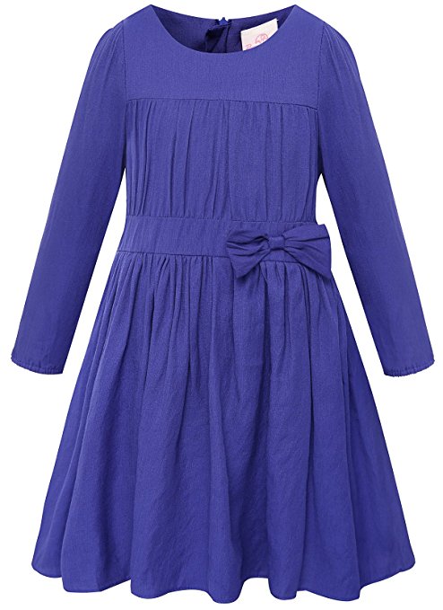Bonny Billy Girls Long Sleeve Solid Pleated A-Line Children Dress with Bow
