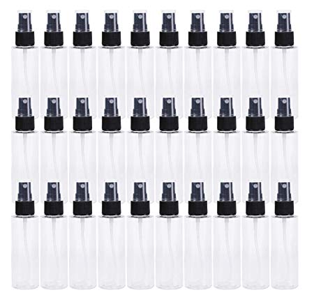 Bekith 30 Pack 2 oz Clear PET Spray Bottles with Black Fine Mist Sprayer - Reusable Empty Plastic Bottles for for Essential Oils, Travel, Perfumes