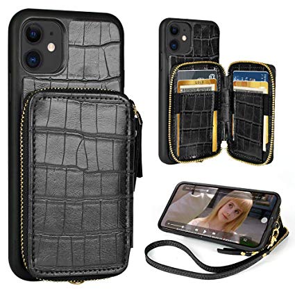 iPhone 11 Wallet Case,ZVE iPhone 11 Case with Credit Card Holder,Zipper Wallet Case with Wrist Strap Protective Purse Leather Case Cover for Apple iPhone 11 6.1 inch - Crocodile Skin Pattern Black