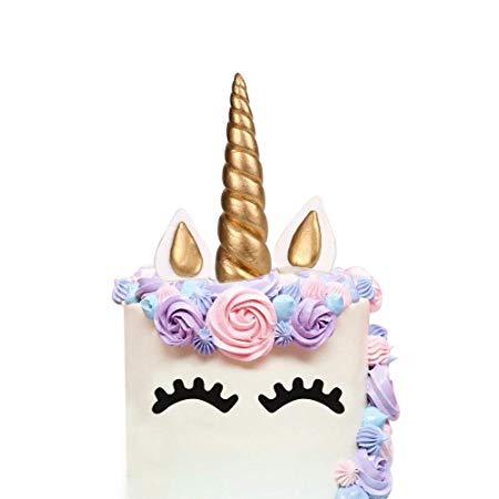 LUTER Cake Topper, Handmade Gold Unicorn Birthday Cake Topper, Reusable Unicorn Horn, Ears Eyelash Set, Unicorn Party Decoration Birthday Party, Baby Shower Wedding (Set of 5) (6 x 1.37)