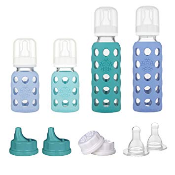 Lifefactory 4 Bottle Starter Set, (2) 4-Ounce Baby Bottle in Mint/Blanket, (2) 9-Ounce Baby Bottle in Kale/Blueberry, (2) Flat Caps, (2) Sippy Caps, (2) Stage 2 Nipples