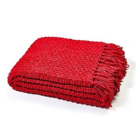 Luxury Chunky Chenille Knitted Sofa / Bed Throw Blanket in 7 Colours & 4 Sizes (295cm x 394cm (100" x 155"), Red)