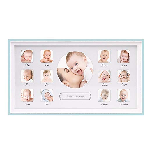 Afuly Baby's First Year Picture Frame Wood 12 Month Keepsake Collage Photo Frames Horizontial Blue