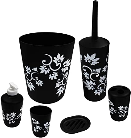 Blue Donuts Bathroom Accessories Set Complete, Toilet Brush and Holder, Trash Can, Toothbrush Holder, Black, 6 Pieces