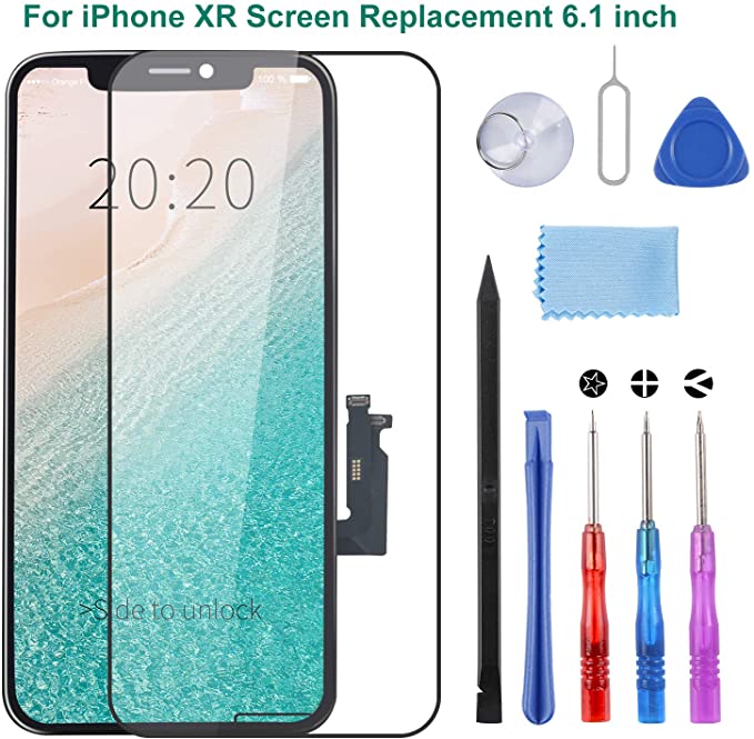 Compatible for iPhone XR Screen Replacement, LCD Digitizer Screen Replacement 6.1 Inch with Complete Repair Tool Kit, Tempered Glass, Repair Flowchart, Magnetic Screws Map