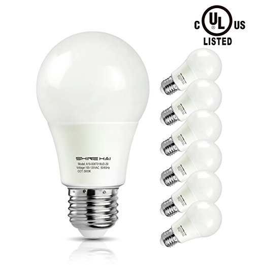 A19 LED Bulb, SHINE HAI Daylight White 5000K 800lm Non-dimmable UL-Listed LED Light Bulbs 60W Equivalent, Bright White, 6-Pack