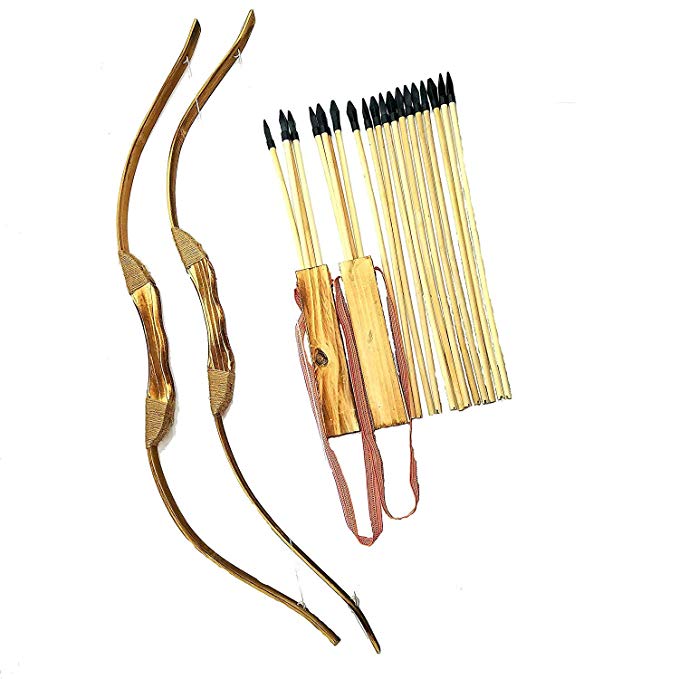 2-Pack Handmade Wooden Bow and Arrow Set-24 Wood Arrows and 2 Quiver
