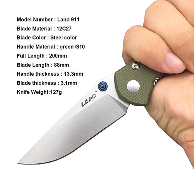 LAND 911 Folding Knife 12C27 Blade G10 handle Ball Bearing EDC Knives (GREEN)