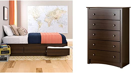 Prepac Twin XL Mate's Platform Storage Bed with 3 Drawers, Espresso & Fremont 5-Drawer Chest for Bedroom, 16" D x 31.5" W x 45.25" H, Espresso