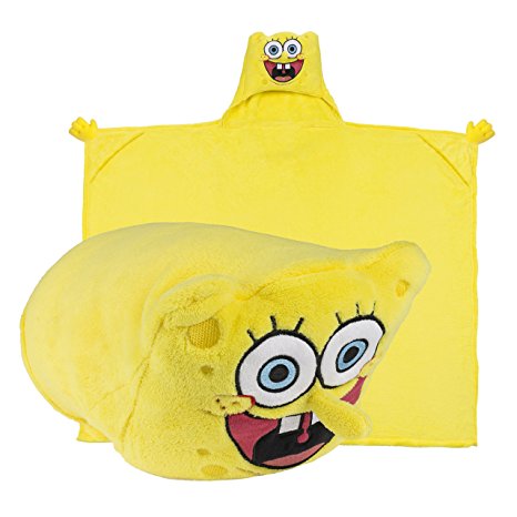 Spongebob Squarepants Hooded Blanket - Spongebob - Kids Cartoon Character Blankie that Folds into a Pillow - Great for Boys and Girls - By Comfy Critters