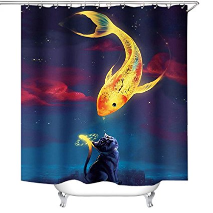 WAYLONGPLUS Cat Look of Love Golden Fish Art Decor Bathroom Decor Shower Curtain Plastic Shower Hooks Include (72"x72")