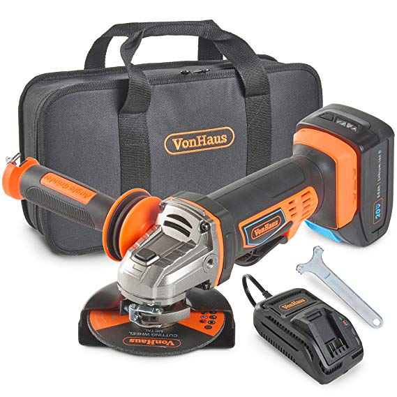 VonHaus Cordless Angle Grinder with 3.0Ah Li-ion 20V Max Battery, Charger, 1 x 115mm / 4 ½" Cutting Disc & Power Tool Bag - Includes Anti Vibration Support Handle