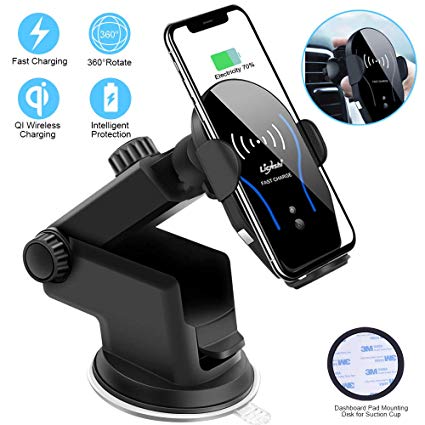 Car Phone Mount, Auto Clamping 10W Qi Cell Phone Holder for Wireless Car Charger Windshield Dashboard Air Vent Car Mount Compatible with iPhone Xs Max/XR/XS/X/8,Galaxy S9/S8/S7/S6 Edge/