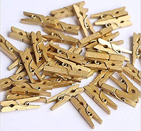 iKammo 50pcs Wood Clothespins Mini Colored Natural Wooden Clips Photo Clips Natural Wooden Peg Pin Compatible Gift Wrapping, Picture Hanging, Arts&Crafts, Photo Display (Gold, 3.50.7cm)