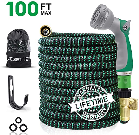 CCBETTER 100ft Garden Hose, Upgraded Leak Proof Lightweight Expandable Water Hose with 3/4’’& 1/2’’ Solid Brass Connectors& Latex Core Durable Gardening Flexible Hose with 8 Pattern Spray Hose Nozzle