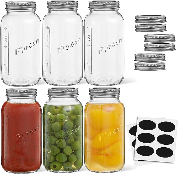 32 Oz Mason Jars With Lids, Labels and Measures! 6-Pack Regular Mouth Mason Jars, Glass Jar with Lid and Band. Airtight Canning Jars, Overnight Oats Jars, Salad Jars, Sourdough Starter Jar