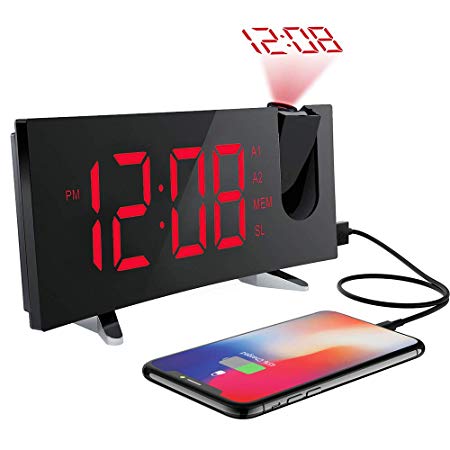 PICTEK Projection Alarm Clock, 5'' Curved LED Display with Dimmer, Adjustable Ceiling Sleep Timer for Kids Bedrooms, FM Radio, 12/24 Hour, Snooze, Power Adapter, Black and Red