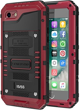 iPhone 5S Waterproof Case, Seacosmo Full Body Protective Shell with Built-in Screen Protector Military Grade Rugged Heavy Duty Case Cover for iPhone 5 / 5S / SE, Red