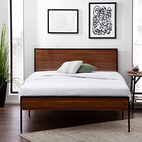 Everlane Home Carson Metal Platform Bed Frame with Wood Headboard and Footboard-Box Spring Optional, King, Brown Oak