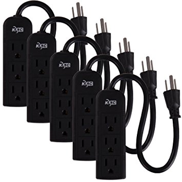 KMC 3-Outlet Power Strip Power Extension Cord 5-Pack,Outlet Saver,1-Foot Cord, ETL Listed