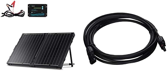 Renogy 100 Watt 12 Volt Monocrystalline Off Grid Portable Foldable 2Pcs 50W Solar Panel Suitcase Built-in Kickstand & 15Ft 10AWG Solar Extension Cable with Female and Male connectors, 1 Piece, Black