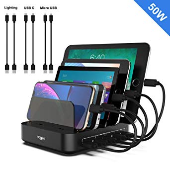 VOGEK Charging Station, 50W Fast Charging Dock Station with Smart Identification 5 USB Ports Compatible with iPhone, iPad, MacBook Air,Smartphones,Tablets - Black (iPhone Cables Included)