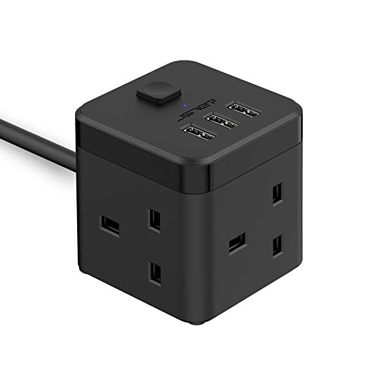 JSVER Compact Cube Extension Lead with 3 USB Slots (5V/3.1A) 3 Outlet Power Strip Surge Protected Power Socket with 1.5M Cable for Home, Office, Hotel, Travel -Black