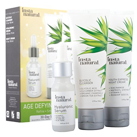 Age Defying Skin Trio Bundle - Glycolic Cleanser, Hyaluronic Acid Serum, Night Cream Regimen - Reduce Wrinkles and Fine Lines with an Organic Blend of Extracts, Arginine, and Vitamin C - InstaNatural