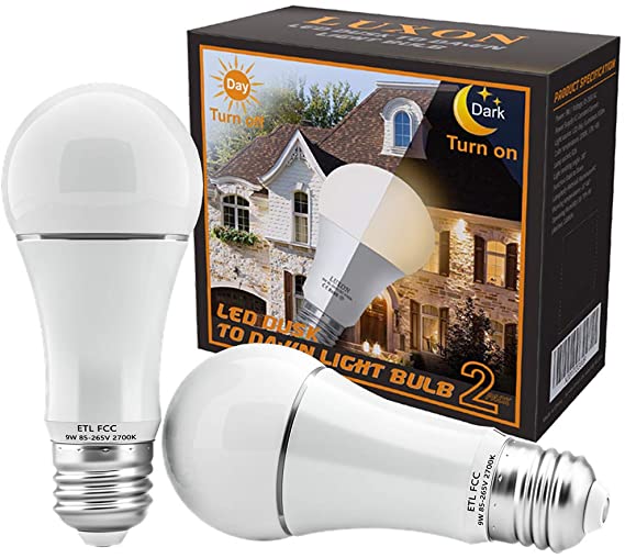 Dusk to Dawn Light Bulb 9W Auto On/Off Photocell Sensor Bulbs E26/E27 Base LED Security Bulbs 2700K Soft White for Porch Patio Garage Pack of 2 by LUXON