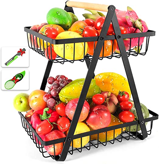 Hokyzam 2 Tier Fruit Basket Fruit Bowl Stand for Counter with Avocado Knife and Fruit Peeler Detachable Bread Baskets Holder Fruit Tray for Counter Vegetable Snack Storage Kitchen Organizer Black