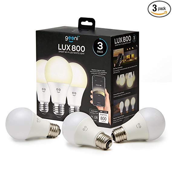 Geeni Wi-Fi LED Light Bulb-Soft White, Dimmable, A19, No Hub Required, Works with Alexa, Google Assistant, and Microsoft Cortana 3-Pack