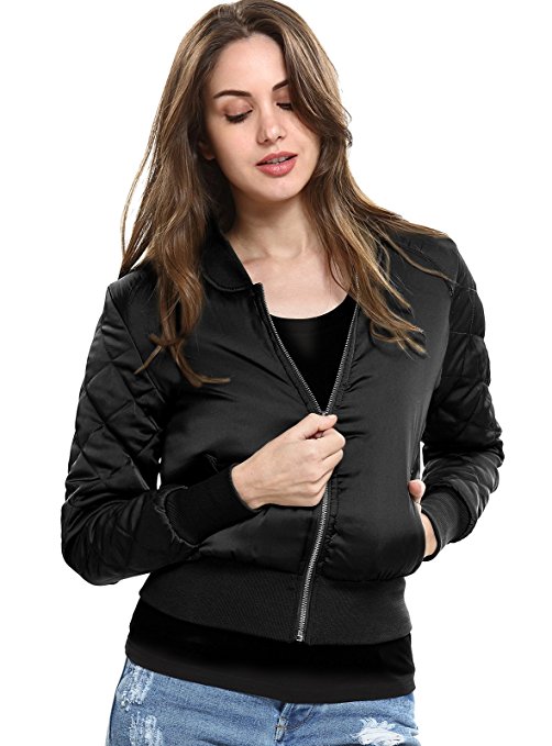 Women's Short Zip-Up Quilted Padded Bike Coat Bomber Jacket Outerwear