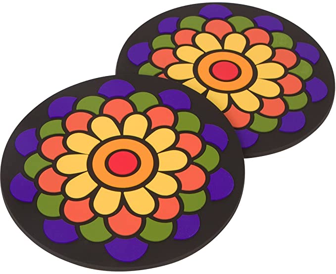 Colorful Round Flower Washable Durable Unbreakable Soft PVC Designer Trivet Set (2 trivets). 7 inch diameter, 0.2 inch thick. Protect your tables from hot plates, pots and pans.