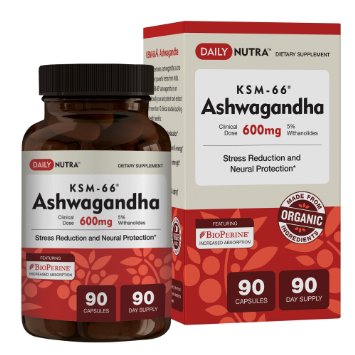 KSM-66 Ashwagandha 600mg - Organic Root Extract - Highest Potency 5% Withanolides - Health Benefits Include Reduced Stress and Anxiety, Increased Energy and Focus (90 Vegetarian Capsules)