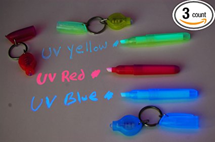 Set of 3 Invisible UV Blacklight Ink Marker Blue Red Yellow with UV Lights