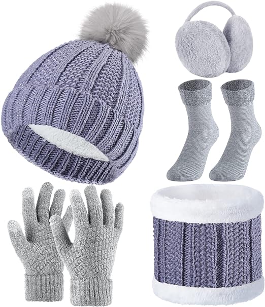 SATINIOR 5 Pcs Winter Hat Scarf Gloves Set Knit Beanie Pompom Hat Warm Touch Screen Gloves Earmuff Warmer Stocking for Women