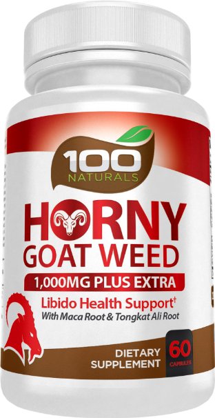 100 Naturals Horny Goat Weed Extract with Maca Root and Tognkat Ali Natural Libido Boost for Men and Women - 1000mg Epimedium and 10mg Icariin Per Serving - Enhance Performance and Stamina 60 Caps