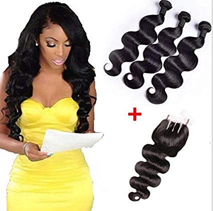 Brazilian Body Wave Human Virgin Remy Hair Weaves 3 Bundles With 4x4 Three Part Closures (18 20 22 16 Three part) Natural Black Color 100g/bundle