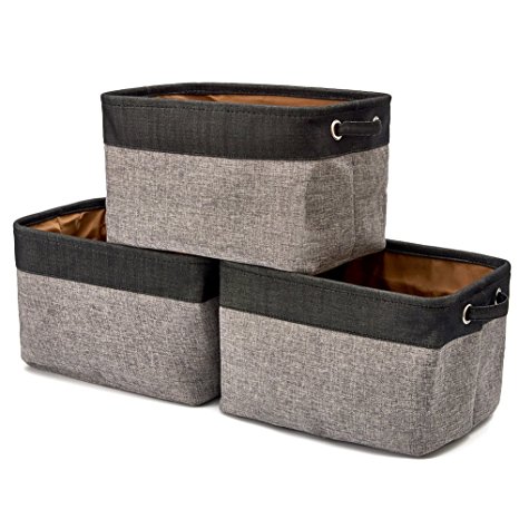 Collapsible Storage Bin Basket [3-Pack] EZOWare Foldable Canvas Fabric Tweed Storage Cube Bin Set With Handles -Black/Gray For Home Office Closet