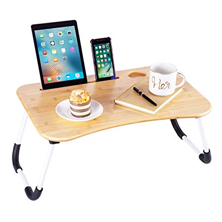 ZHU CHUANG Multifunctional Bamboo Lap Desk Breakfast Serving Bed Tray Sofa Tray with Foldable Legs Natural Color (Simple(Bamboo & Metal))