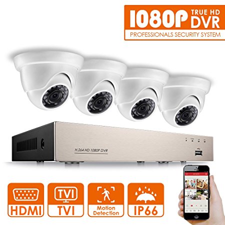 Anlapus Full High Definition 1080P Professional Security Camera System, 4 Channel 1080P HD-TVI DVR and (4) 2.0MP 1920TVL Waterproof Outdoor Indoor Dome Cameras with Motion Detection and Night Vision