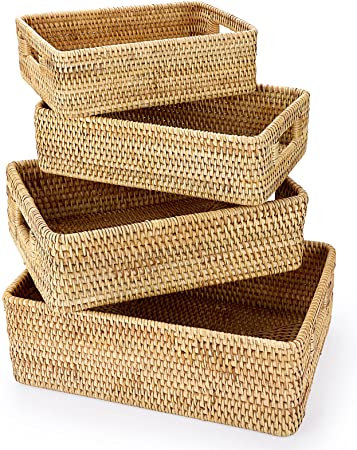 Hipiwe Rattan Storage Basket Bin with Carrying Handles Extra Large Handwoven Wicker basket Holder Rectangular Shelf Organizing Basket Laundry Organizer Basket (11.8" 13" 14" 15", Set of 4)