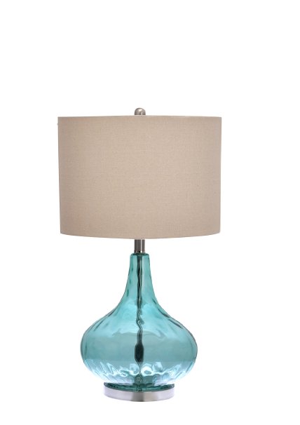 Catalina 18578-000 3-Way Blue Glass Gourd Table Lamp with Beige Linen Drum Shade, 25-1/2-Inch, Brushed Nickel