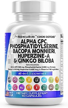 Alpha GPC Choline 300mg Phosphatidylserine 3000mg Bacopa Monnieri 6000mg Ginkgo Biloba 2000mg Huperzine A 400mcg Supplement with L Theanine Urdine Lions Mane Cats Claw NAC Vitamin C B D E - USA Made