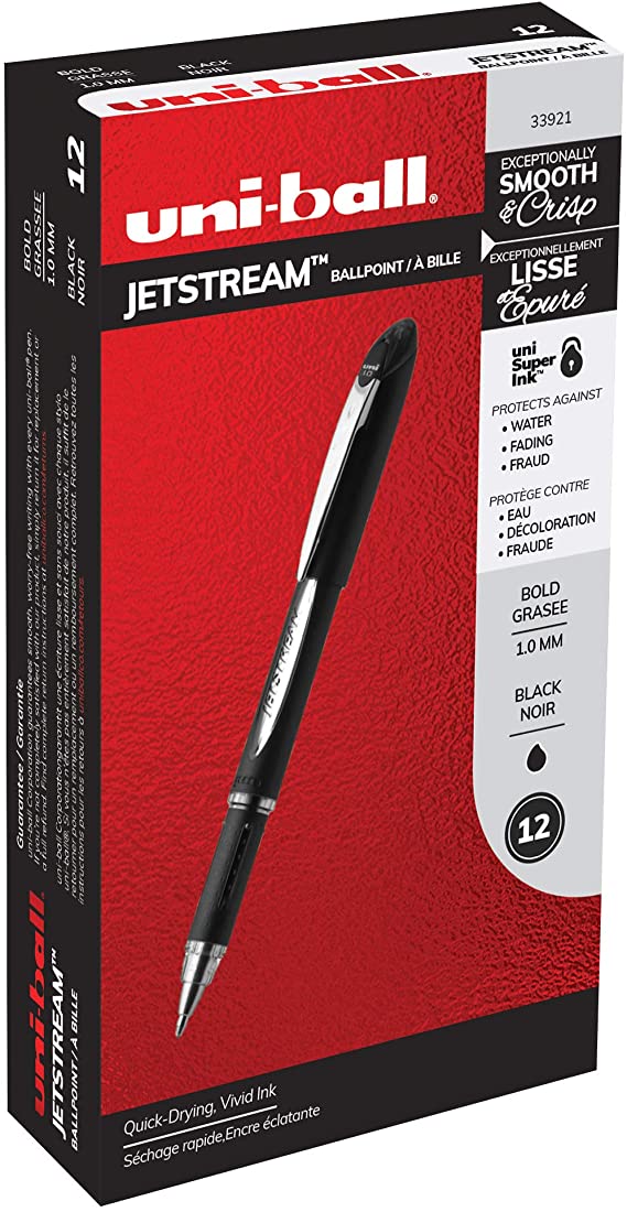 Uni-Ball 33921 Jetstream Ballpoint Pens, Bold Point (1.0mm), Black, 12 Count