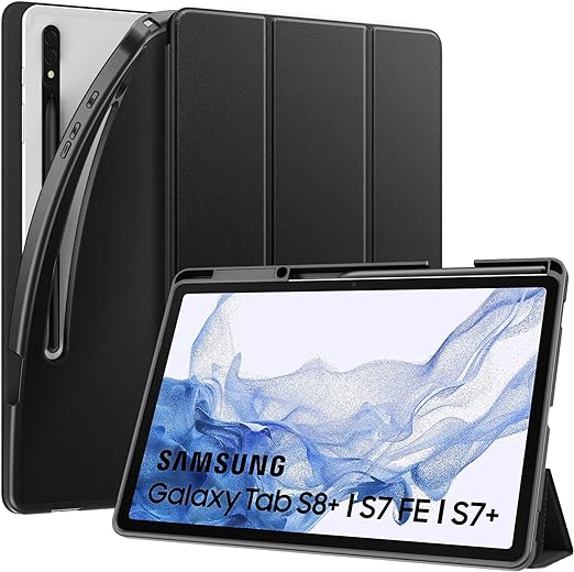 MoKo Case Fits Samsung Galaxy Tab S8 Plus 12.4 Inch 2022 (SM-X800/SM-X806) /S7 FE 2021/S7 Plus 2020, Shockproof Full Body Trifold Stand TPU Back Cover Case with Pen Holder Slot/Auto-Wake, Black