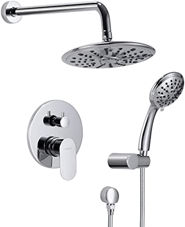 Shower System, Wall Mounted Shower Faucet Set for Bathroom with High Pressure 8" Rain Shower head and 3-Setting Handheld Shower Head, Pressure Balance Valve with Trim, Polished Chrome