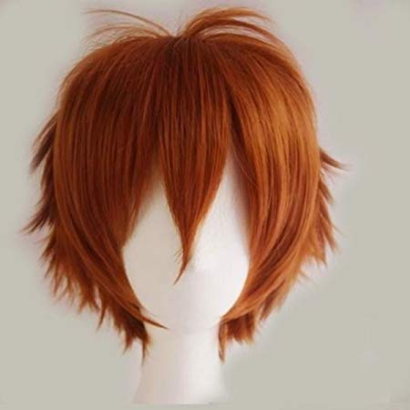 Unisex Sexy Oblique Bangs Full Wig Short Straight Fluffy for Anime Cosplay Costume Party (dark orange)